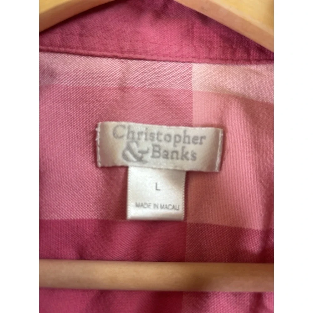 Christopher & Banks Large Pink Plaid Button Front Shirt Sz L 3/4 Sleeve Layer